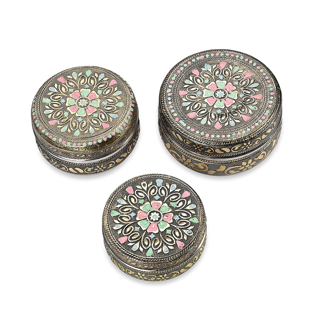 LIVMORE Set of 3- Handcrafted Mandala Oxidised Collectable Tins (8cm to 11cm) - Gold & Silver.