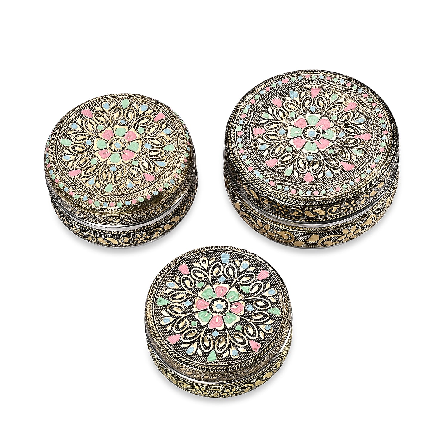 LIVMORE Set of 3: Handcrafted Mandala Oxidised Collectable Tins (8cm to 11cm) - Gold &amp; Silver. 8326631 4