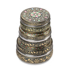 LIVMORE Set of 3- Handcrafted Mandala Oxidised Collectable Tins (8cm to 11cm) - Gold & Silver.