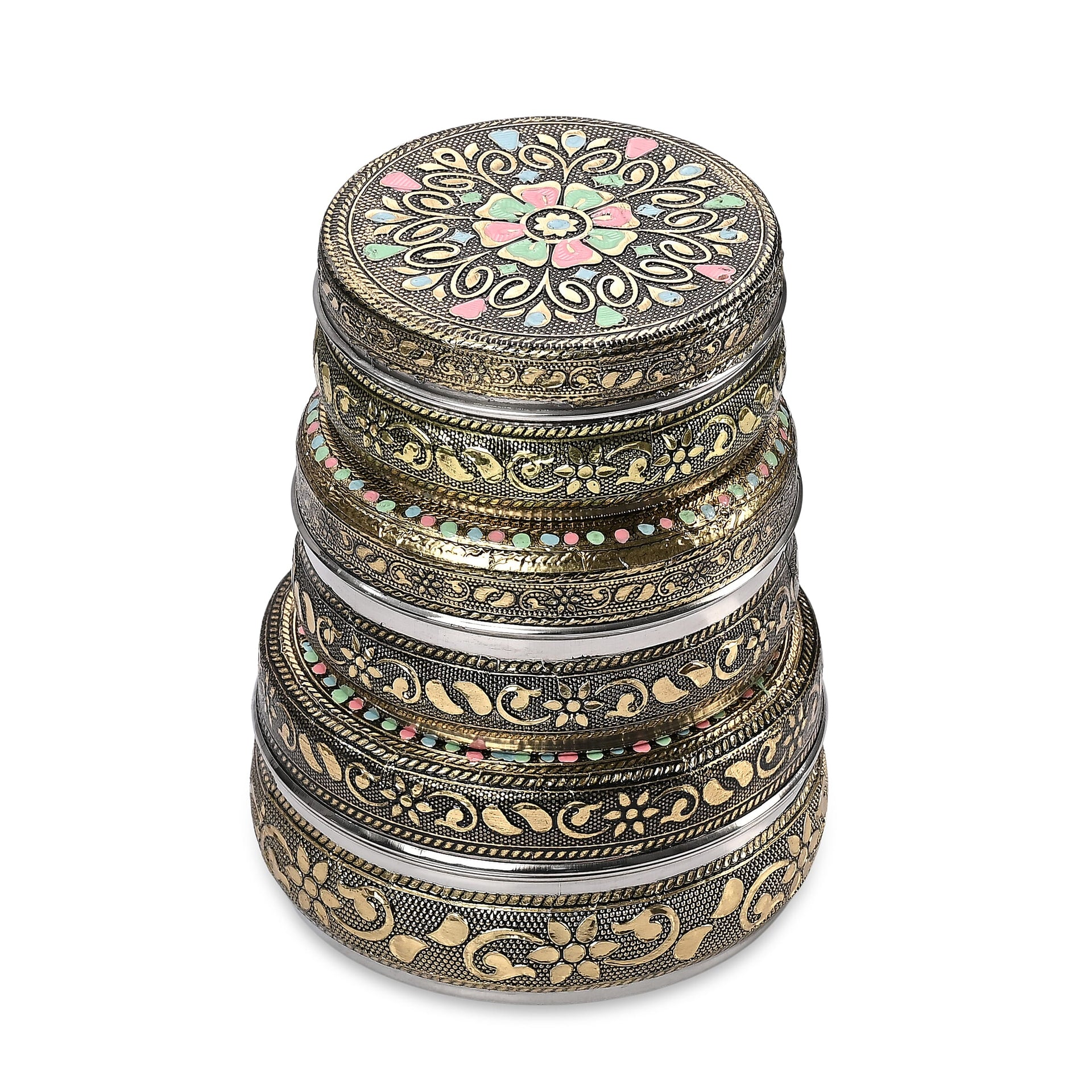 LIVMORE Set of 3: Handcrafted Mandala Oxidised Collectable Tins (8cm to 11cm) - Gold &amp; Silver. 8326631 5
