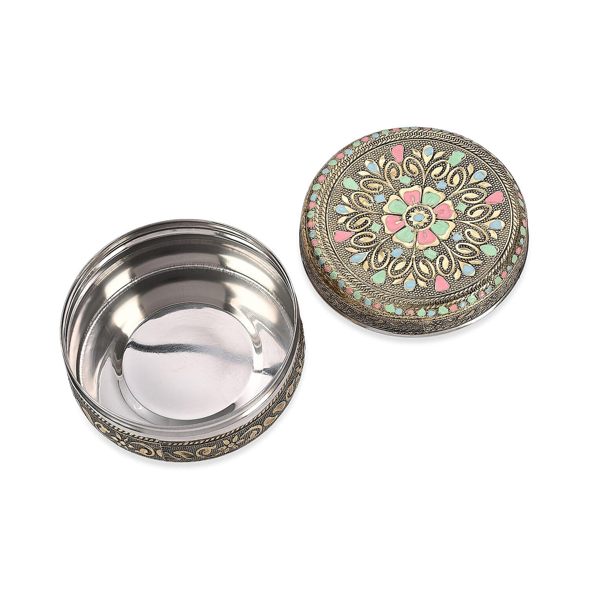 LIVMORE Set of 3: Handcrafted Mandala Oxidised Collectable Tins (8cm to 11cm) - Gold &amp; Silver. 8326631 6