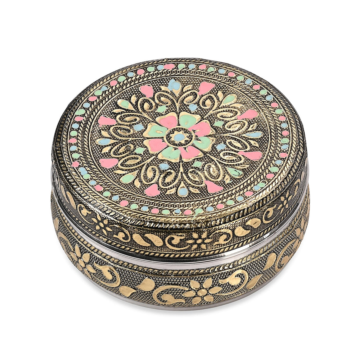 LIVMORE Set of 3: Handcrafted Mandala Oxidised Collectable Tins (8cm to 11cm) - Gold &amp; Silver. 8326631 7