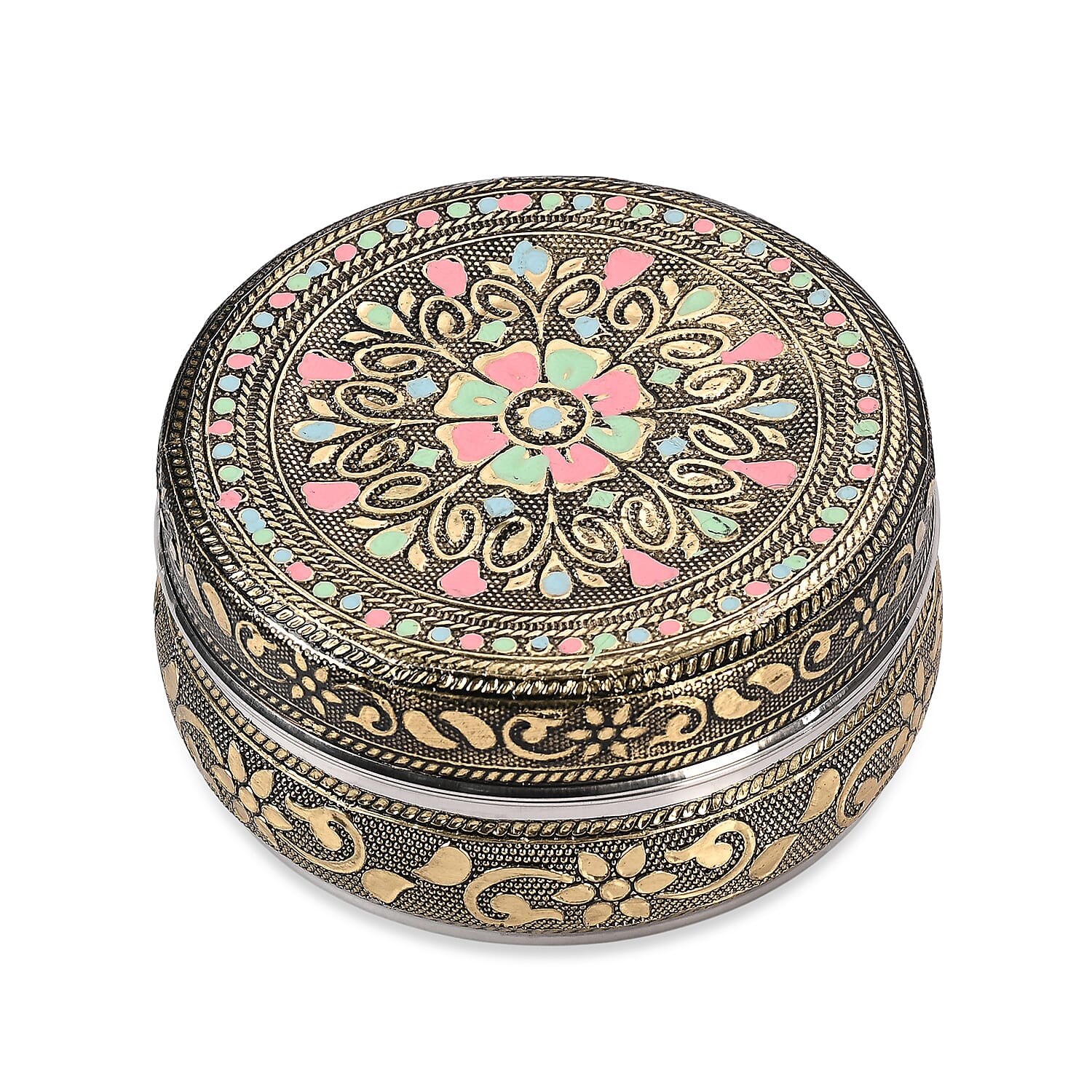 LIVMORE Set of 3: Handcrafted Mandala Oxidised Collectable Tins (8cm to 11cm) - Gold &amp; Silver. 8326631 7