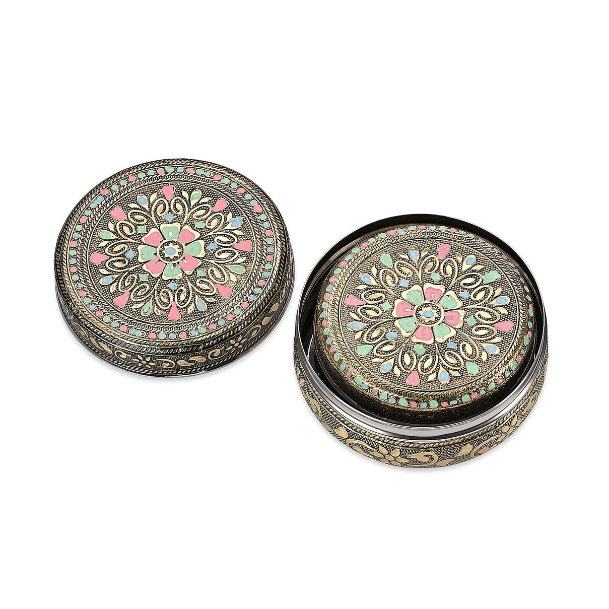 LIVMORE Set of 3: Handcrafted Mandala Oxidised Collectable Tins (8cm to 11cm) - Gold &amp; Silver. 8326631 8