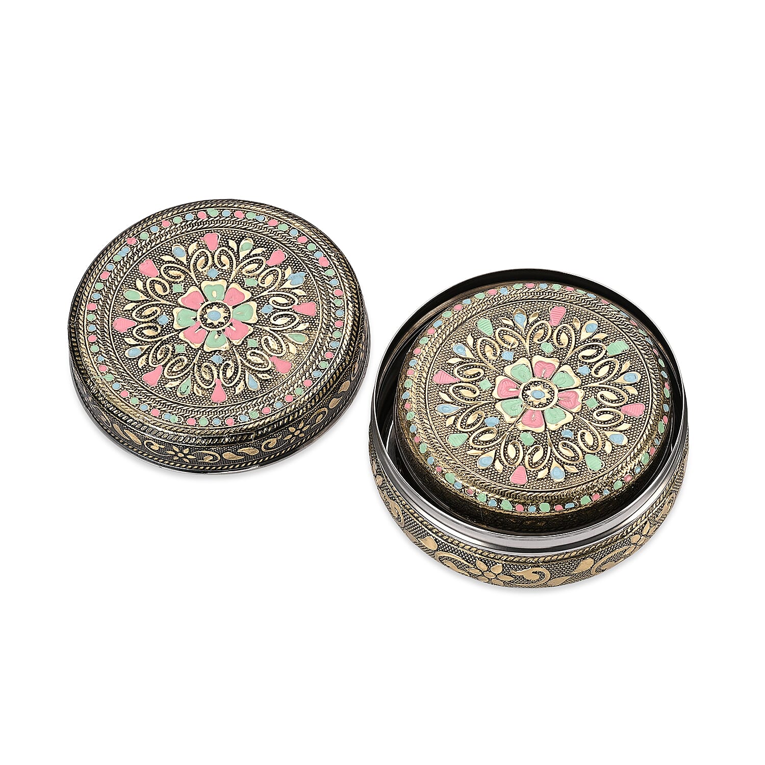 LIVMORE Set of 3: Handcrafted Mandala Oxidised Collectable Tins (8cm to 11cm) - Gold &amp; Silver. 8326631 8