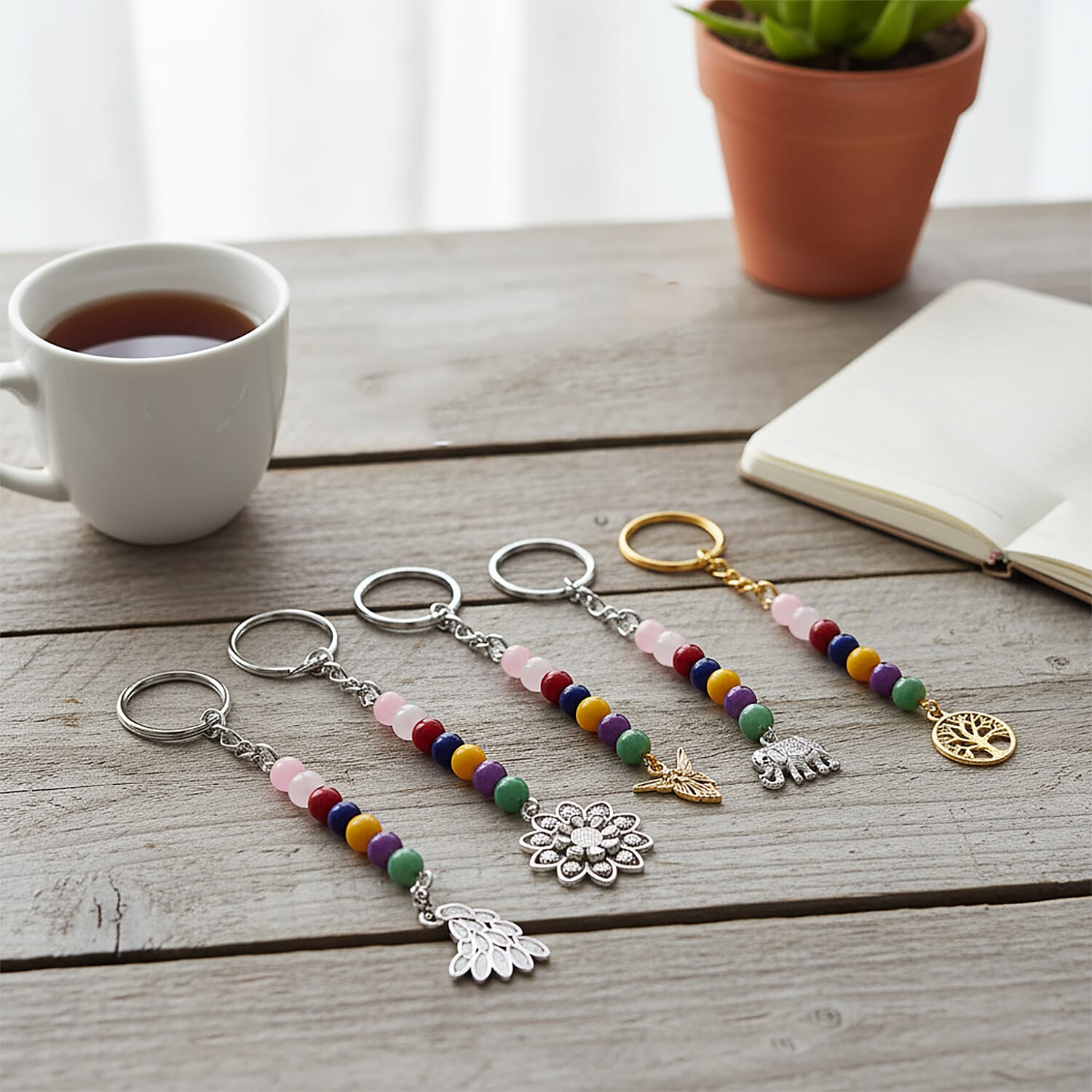 LIVMORE Set of 5 Gemstone Seven Chakra Key Chains with Charms 8224570 0