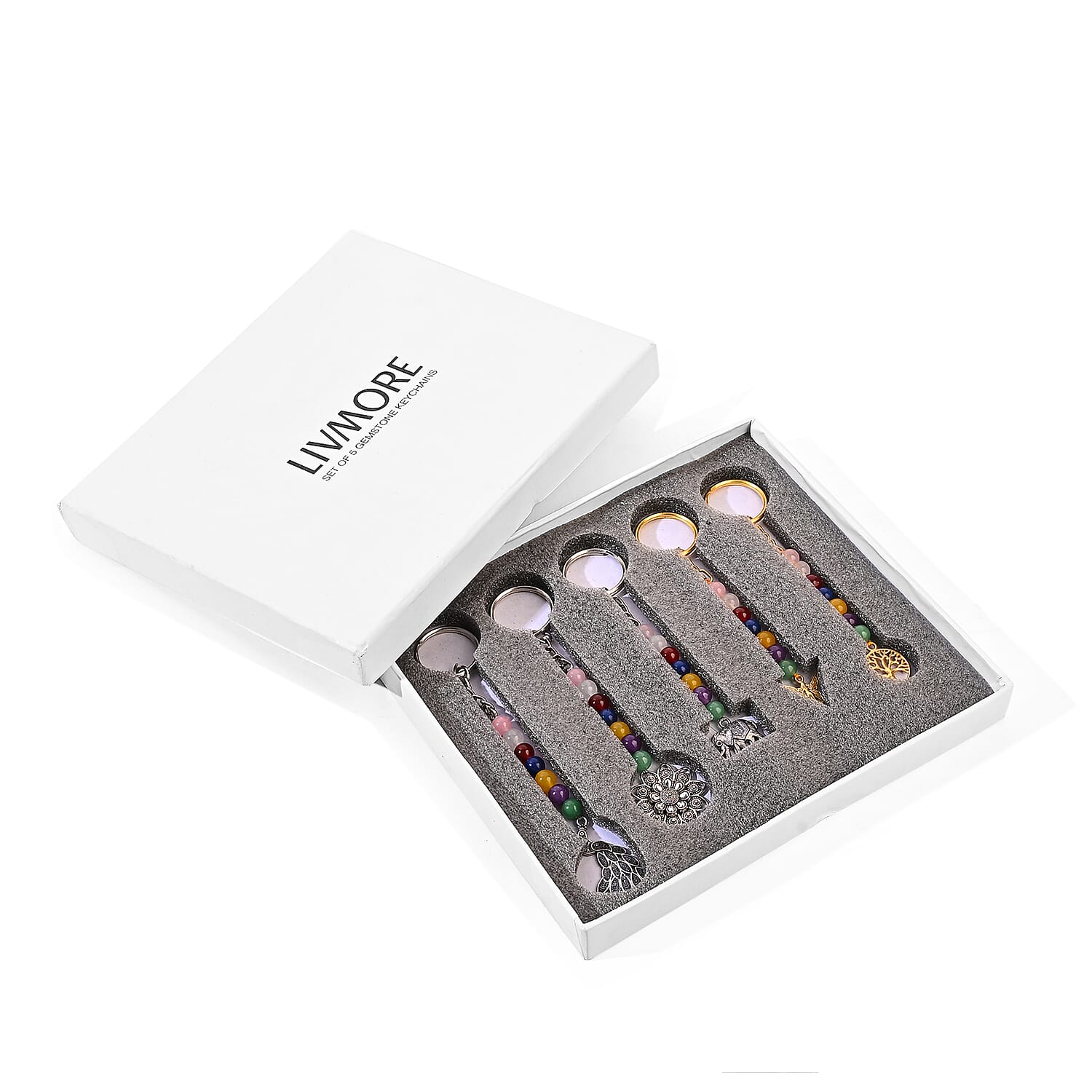 LIVMORE Set of 5 Gemstone Seven Chakra Key Chains with Charms 8224570 2