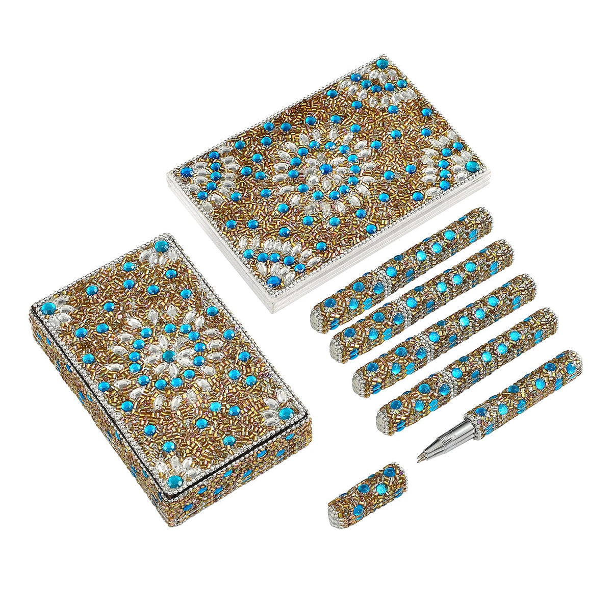 LIVMORE Elegant 7-Piece Beaded Stationery Set - 1 Beaded Box, 1 Diary, 5 Beaded Pens 8240813 0