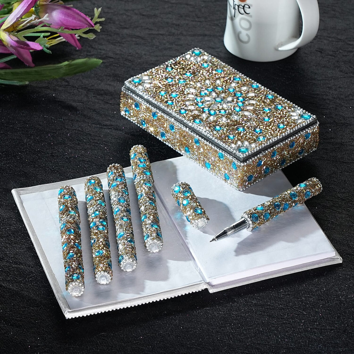 LIVMORE Elegant 7-Piece Beaded Stationery Set - 1 Beaded Box, 1 Diary, 5 Beaded Pens 8240813 2