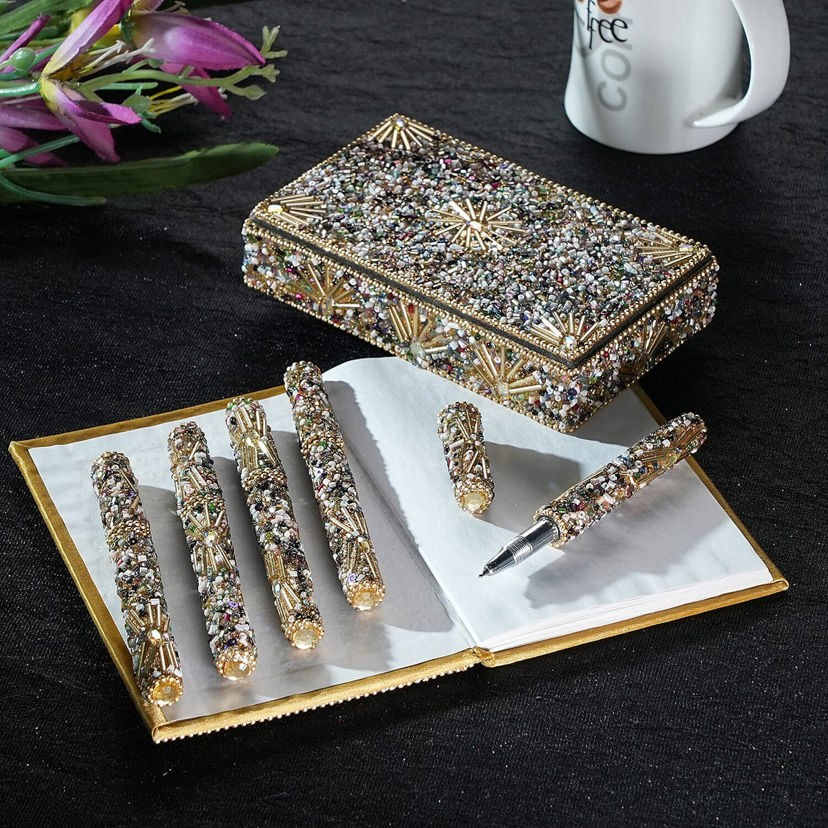 LIVMORE Elegant 7-Piece Beaded Stationery Set - 1 Beaded Box, 1 Diary, 5 Beaded Pens 8240812 2
