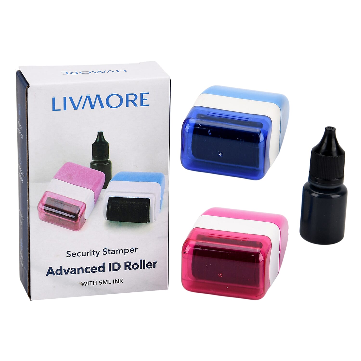 LIVMORE Set Of 2 Advanced ID Roller Security Stampers With Refill Ink - Blue and Pink 8246073 0