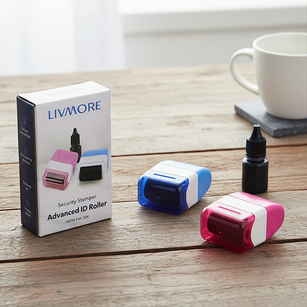 LIVMORE Set Of 2 Advanced ID Roller Security Stampers With Refill Ink - Blue and Pink 8246073 2
