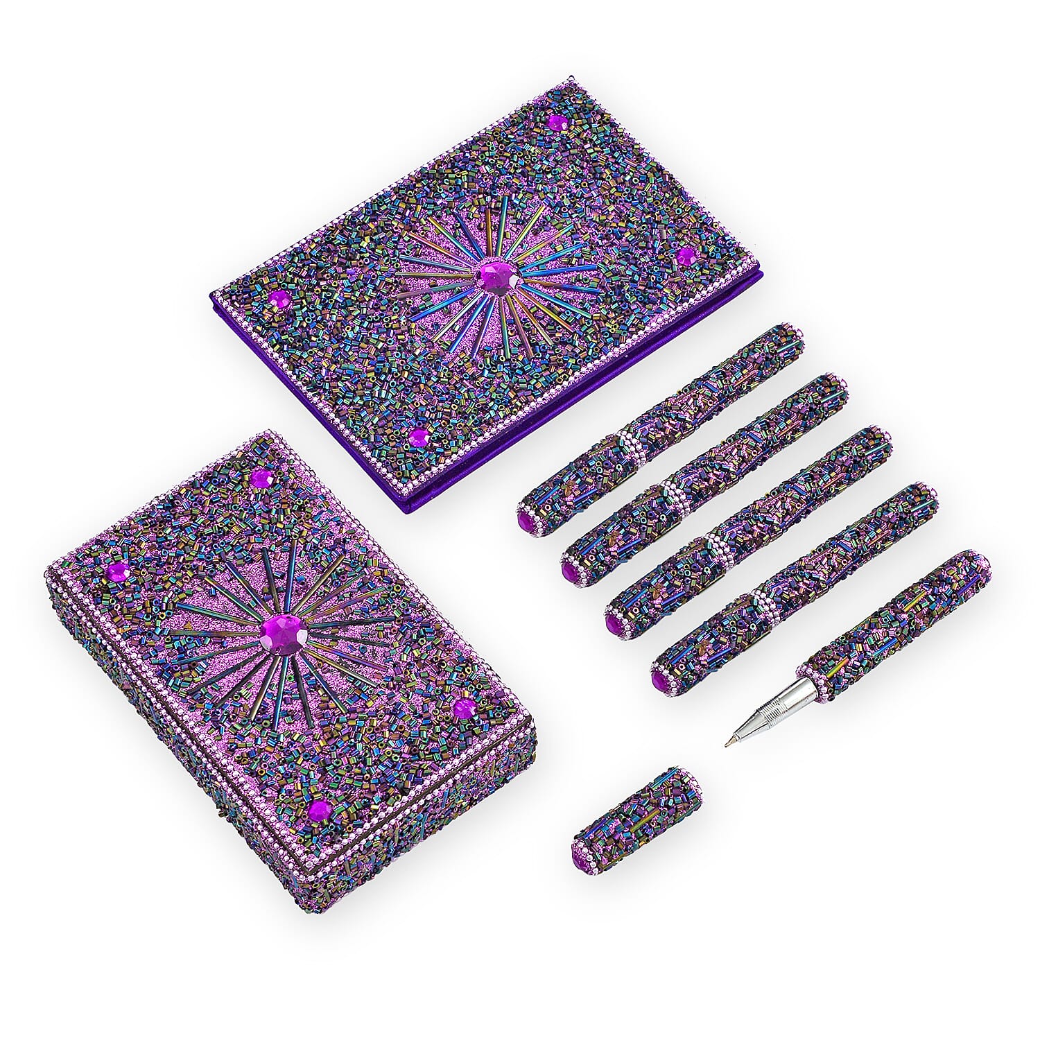 LIVMORE Elegant 7-Piece Beaded Stationery Set - 1 Beaded Box, 1 Diary, 5 Beaded Pens - Purple 8240811 0