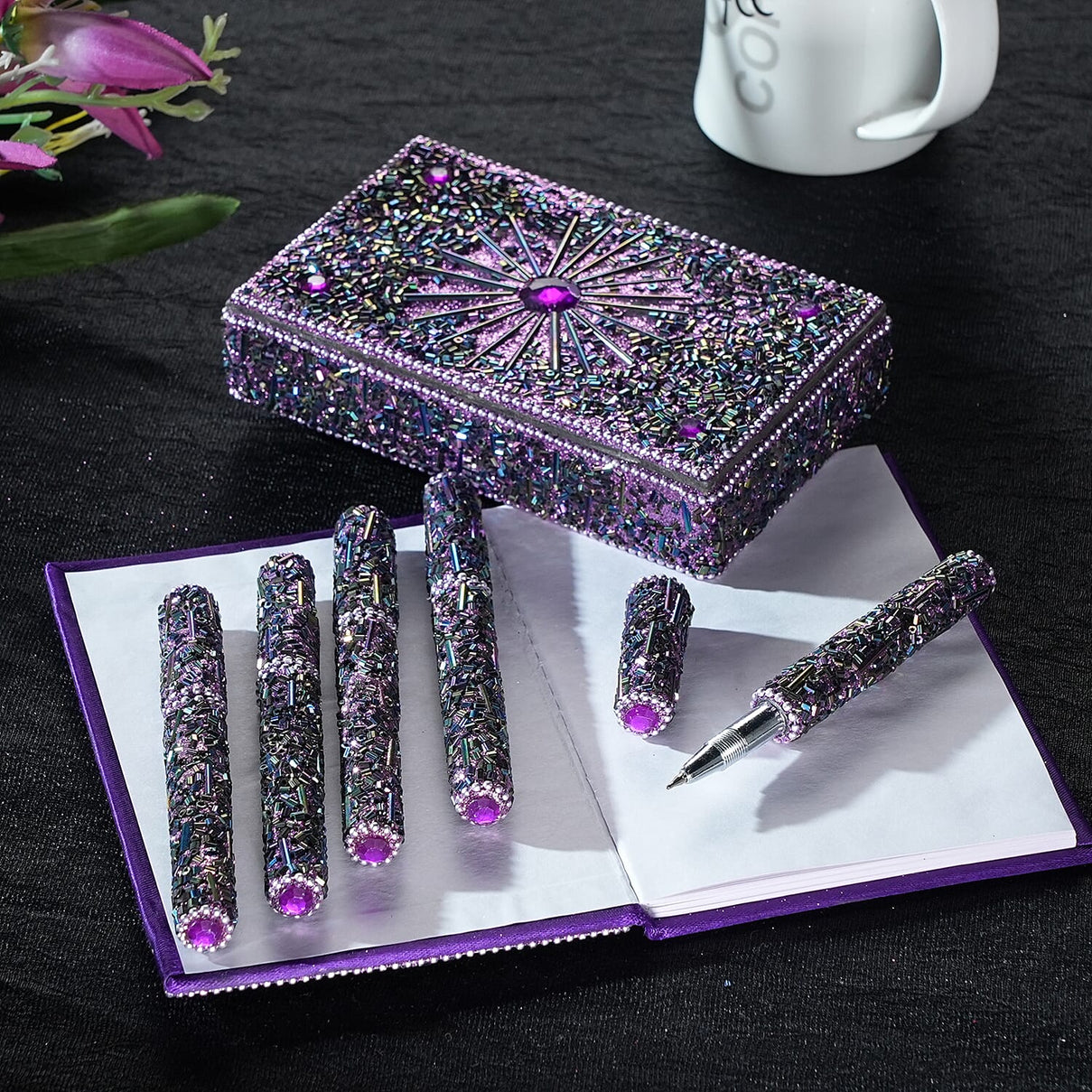 LIVMORE Elegant 7-Piece Beaded Stationery Set - 1 Beaded Box, 1 Diary, 5 Beaded Pens - Purple 8240811 2