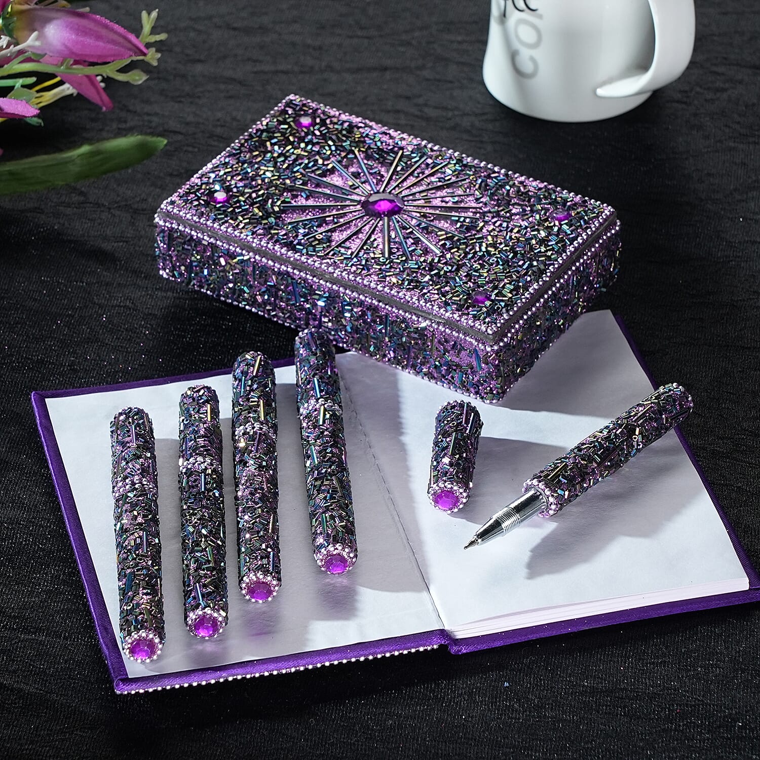 LIVMORE Elegant 7-Piece Beaded Stationery Set - 1 Beaded Box, 1 Diary, 5 Beaded Pens - Purple 8240811 2