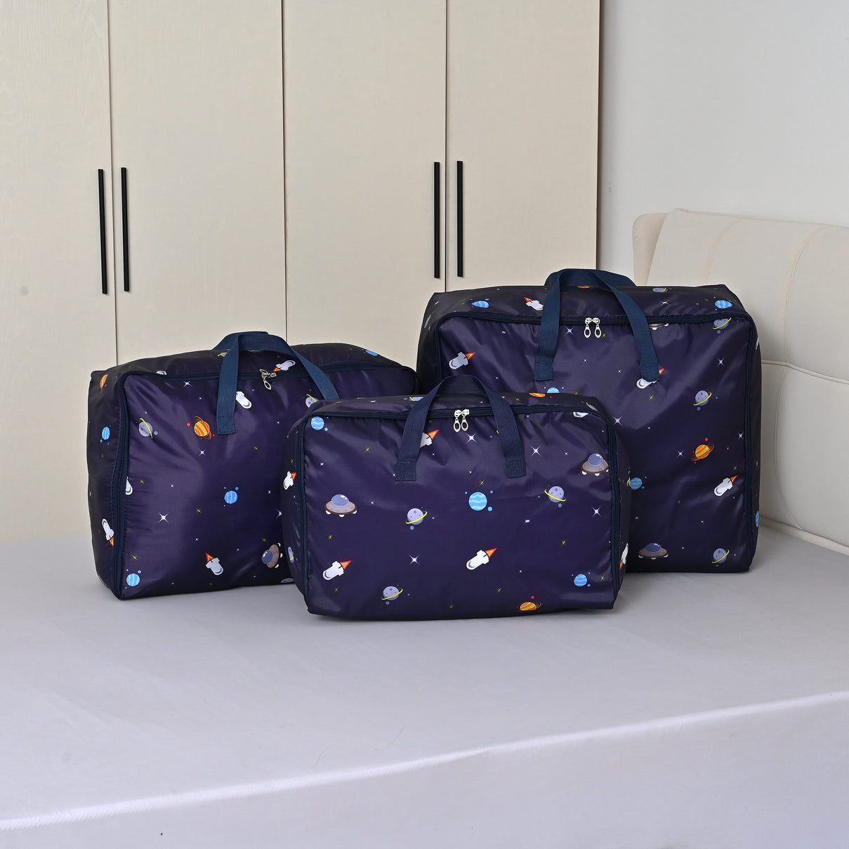 LIVMORE Set of 3 Multi-colour Space Pattern Storage Bags - Blue V32355126 0