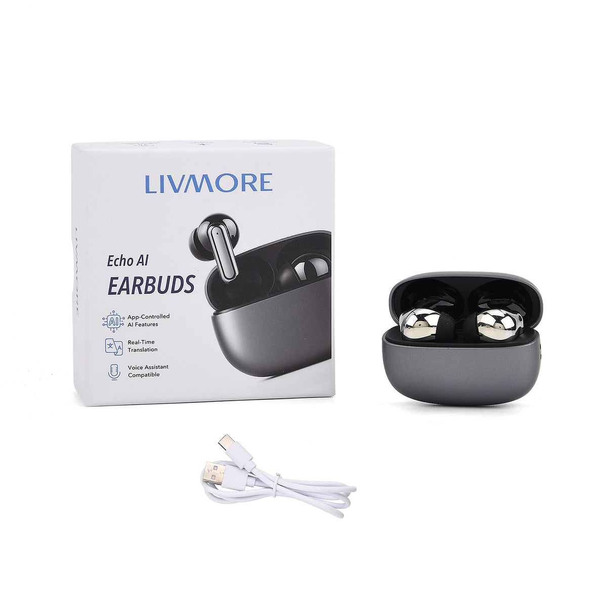 LIVMORE T108 TWS Bluetooth Translation Earphones | 300mAh Case, 4h Playtime - Black &amp; Silver 8243318 0