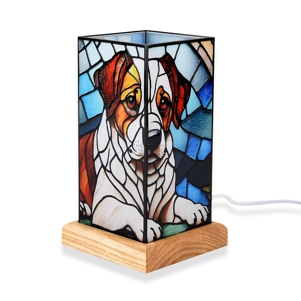 Livmore Cute Dog Cosmic Stained Painted LED Table Lamp with Ash Wood Base - USB Powered Night Light (17.5cm)