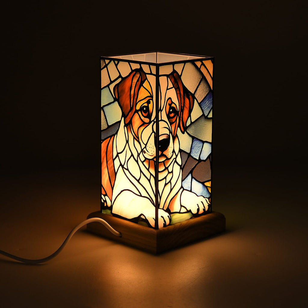 Livmore Cute Dog Cosmic Stained Painted LED Table Lamp with Ash Wood Base - USB Powered Night Light (17.5cm)