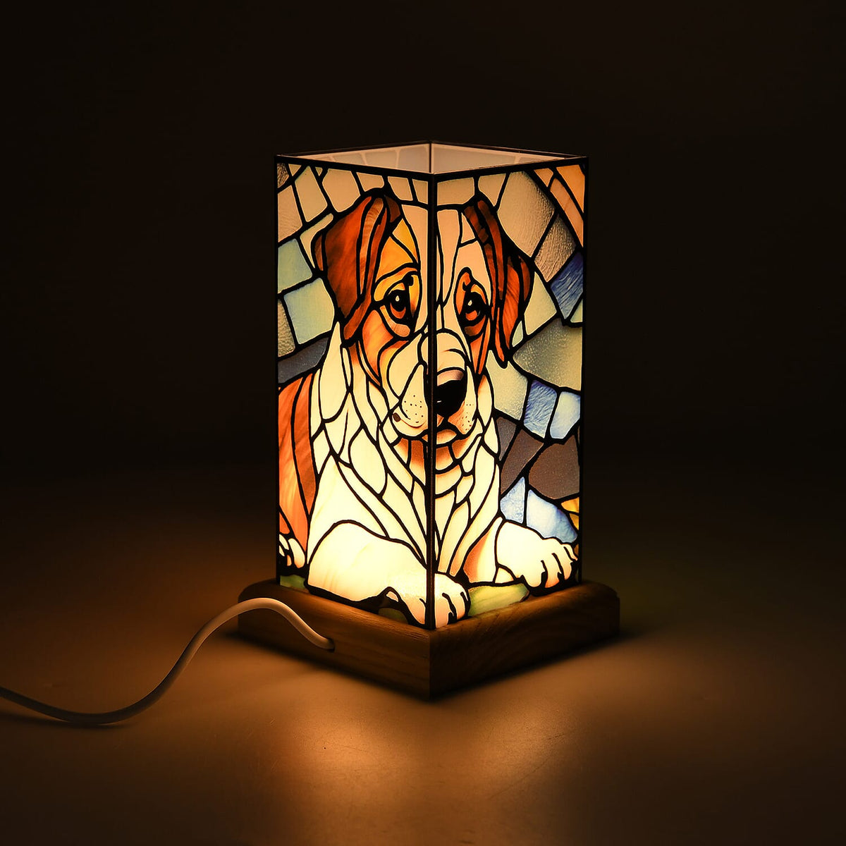 Livmore Cute Dog Cosmic Stained Painted LED Table Lamp with Ash Wood Base - USB Powered Night Light (17.5cm) 8432599 2
