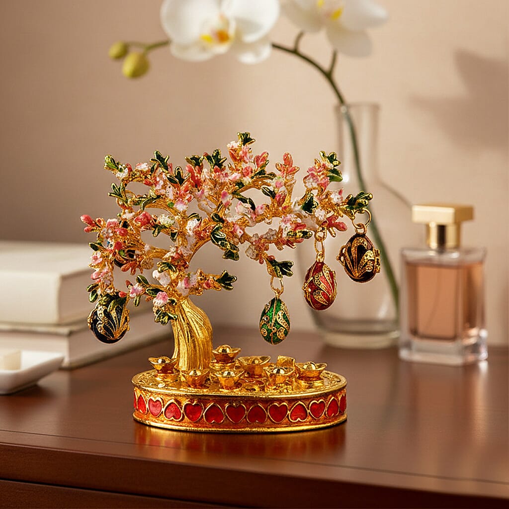 Livmore Feng Shui Activating Prosperity Tree Trinket Box with Flowers &amp; Hanging Easter Egg - Pink V32580241 2