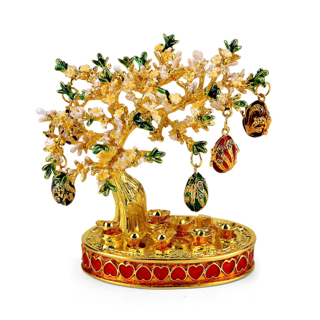 Livmore Feng Shui Activating Prosperity Tree Trinket Box with Flowers & Hanging Easter Egg - White & Yellow