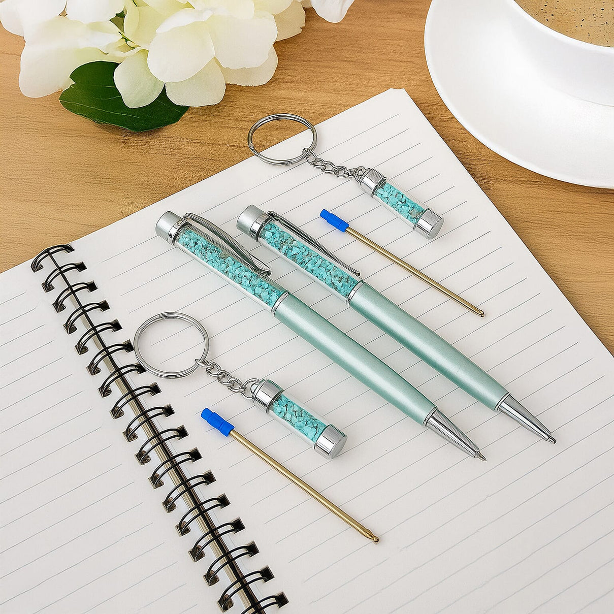 LIVMORE Turquoise Gemstone Pen Set with 2 Keychains and 2 Refills - Green 8242174 2