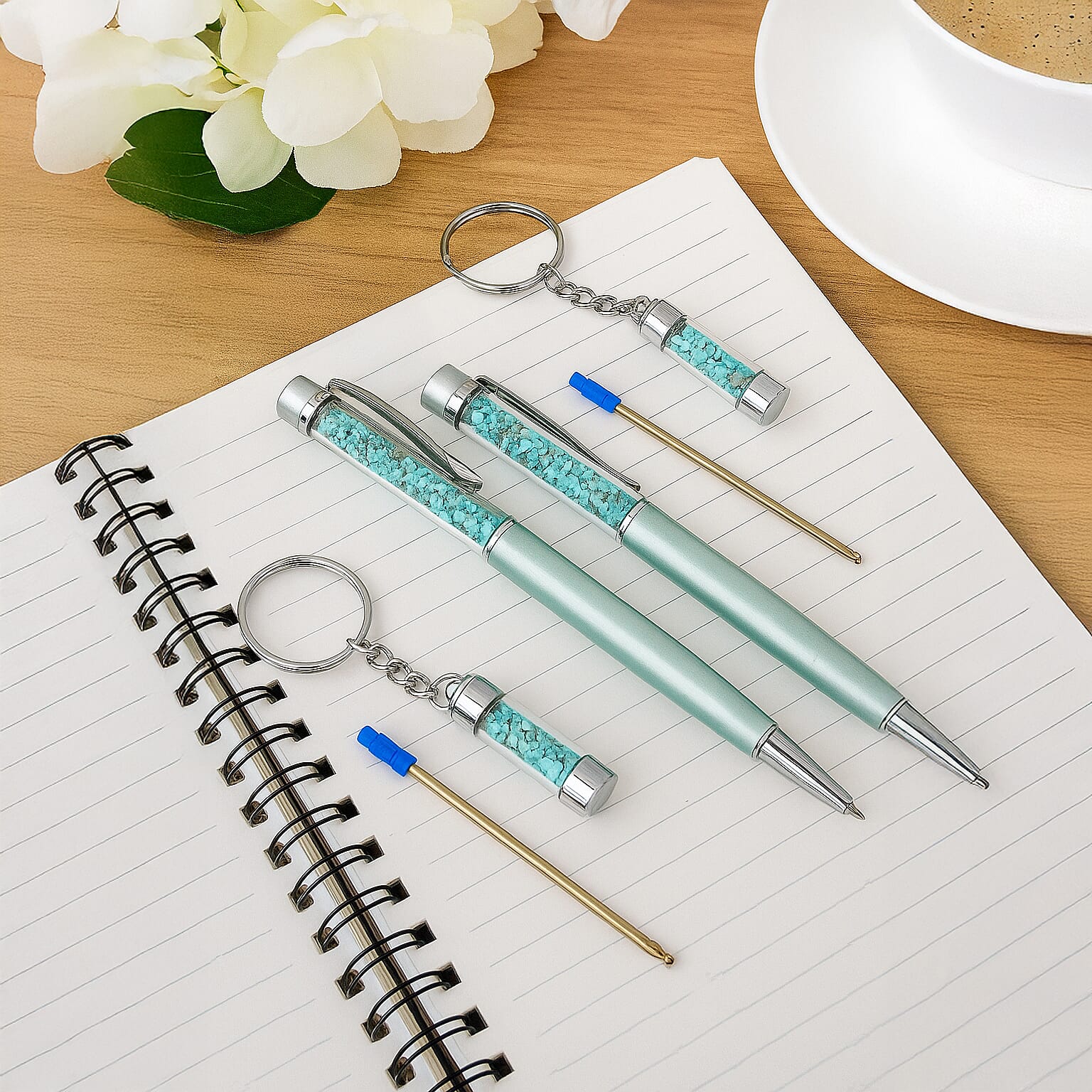 LIVMORE Turquoise Gemstone Pen Set with 2 Keychains and 2 Refills - Green 8242174 2