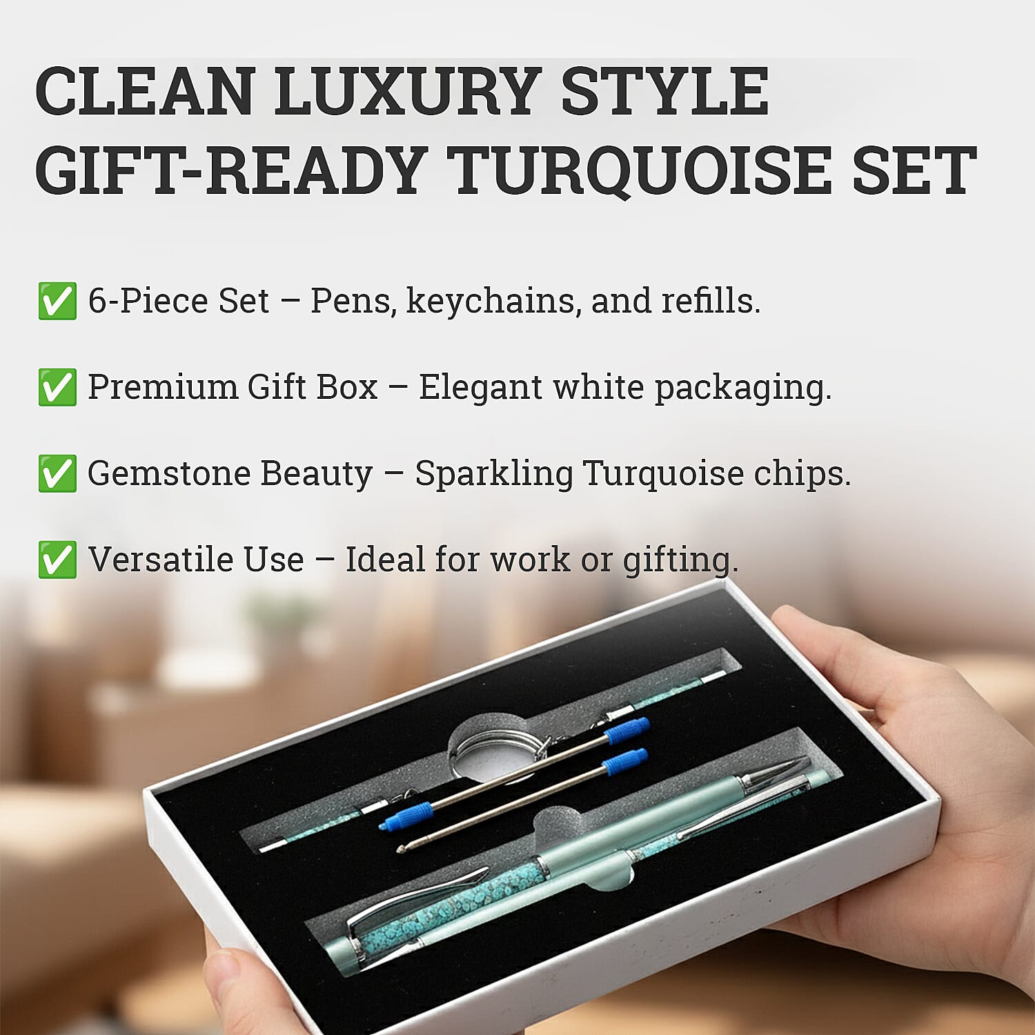 LIVMORE Turquoise Gemstone Pen Set with 2 Keychains and 2 Refills - Green 8242174 3
