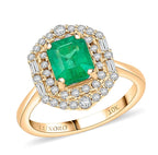 Luxoro - 9K Yellow Gold AAA Zambian Emerald & AGI Certified White Diamond Halo Ring 1.70 Ct, Gold Wt. 3.45 Gms