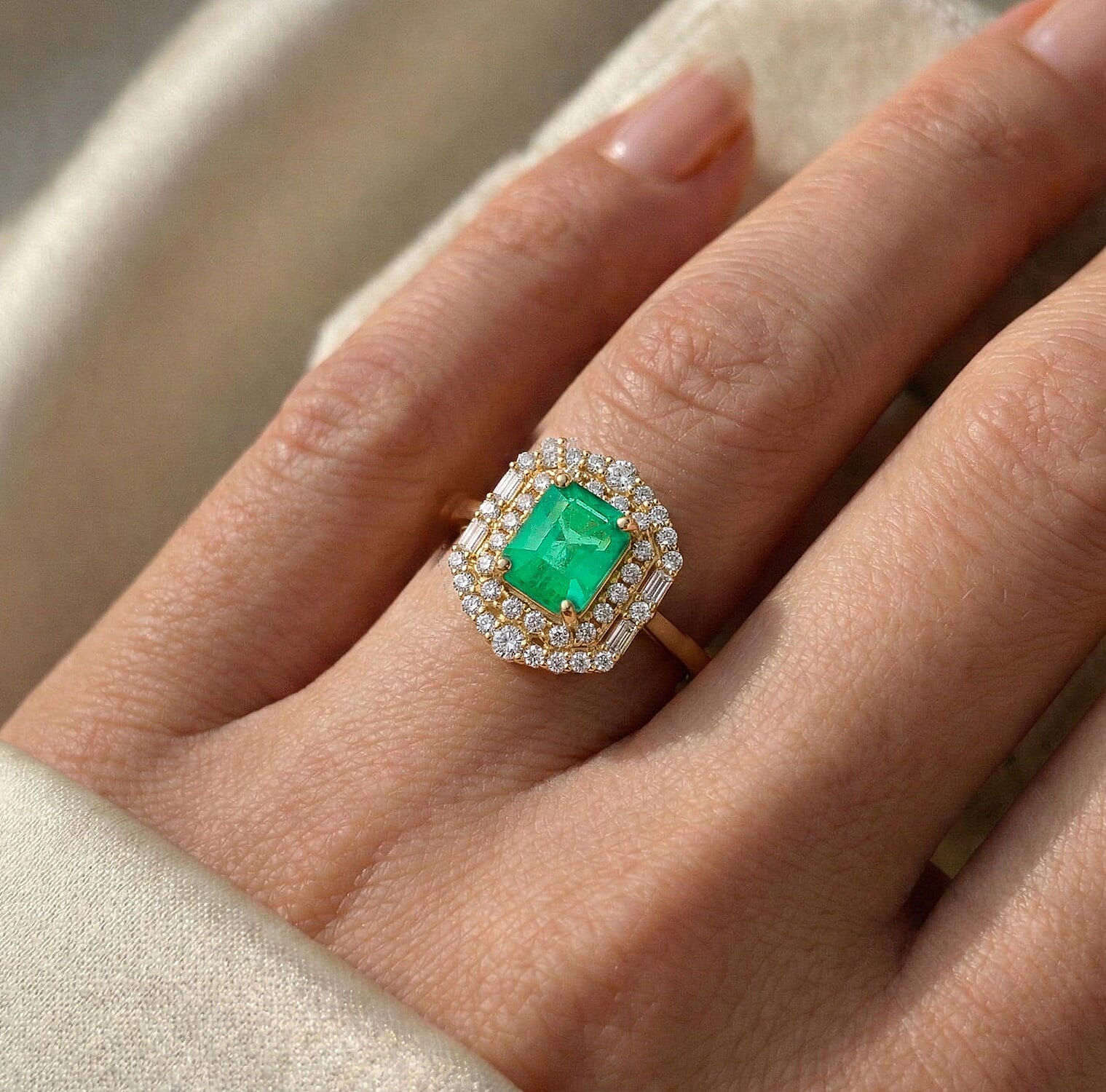 LUXORO 1.65 Ct. AAA Zambian Emerald, White Diamond Double Halo Ring in 10K Yellow Gold 8262930 1