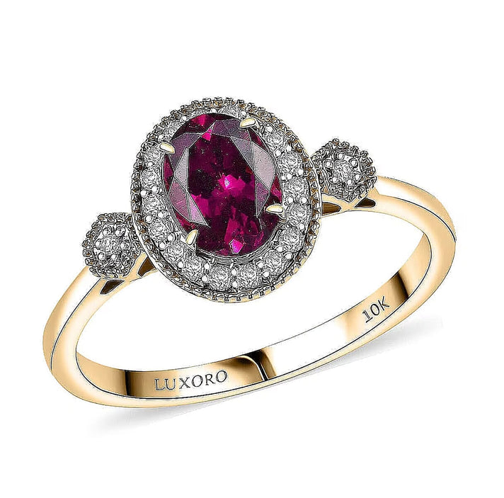 Certified &amp; Appraised LUXORO 1.68 Ct. AAA Radiant Ember Garnet, White Diamond Halo Ring in 10K Yellow Gold 8222662 1