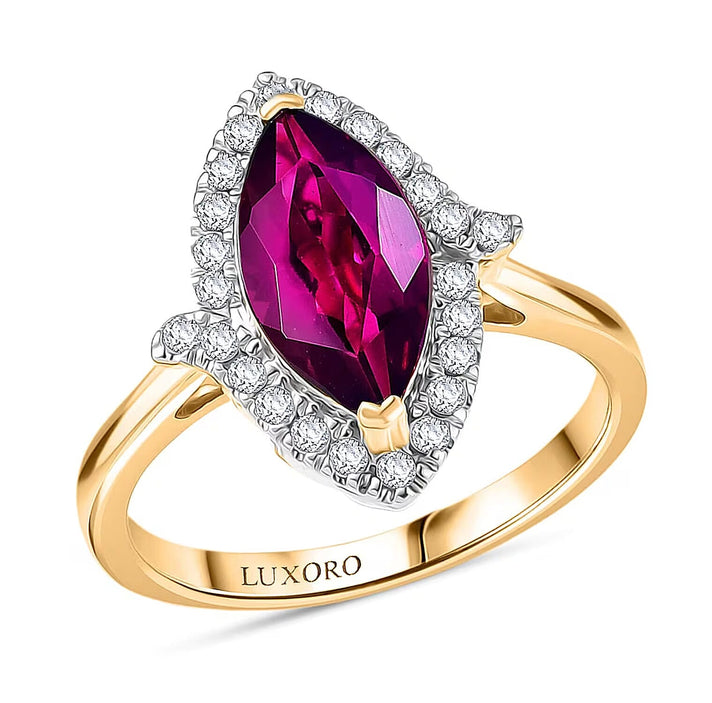 Certified &amp; Appraised LUXORO 1.7 Ct. AAA Radiant Ember Garnet, White Diamond Halo Ring in 10K Yellow Gold 8298931 1