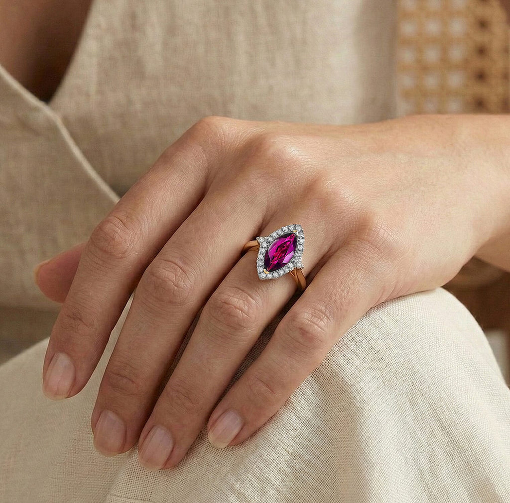 Luxoro 10K Yellow Gold AAA Radiant Ember Garnet, White Diamond I2 Main Stone With Surrounding Stone Ring, Gold Wt.3.04 Gms  1.960  Ct.