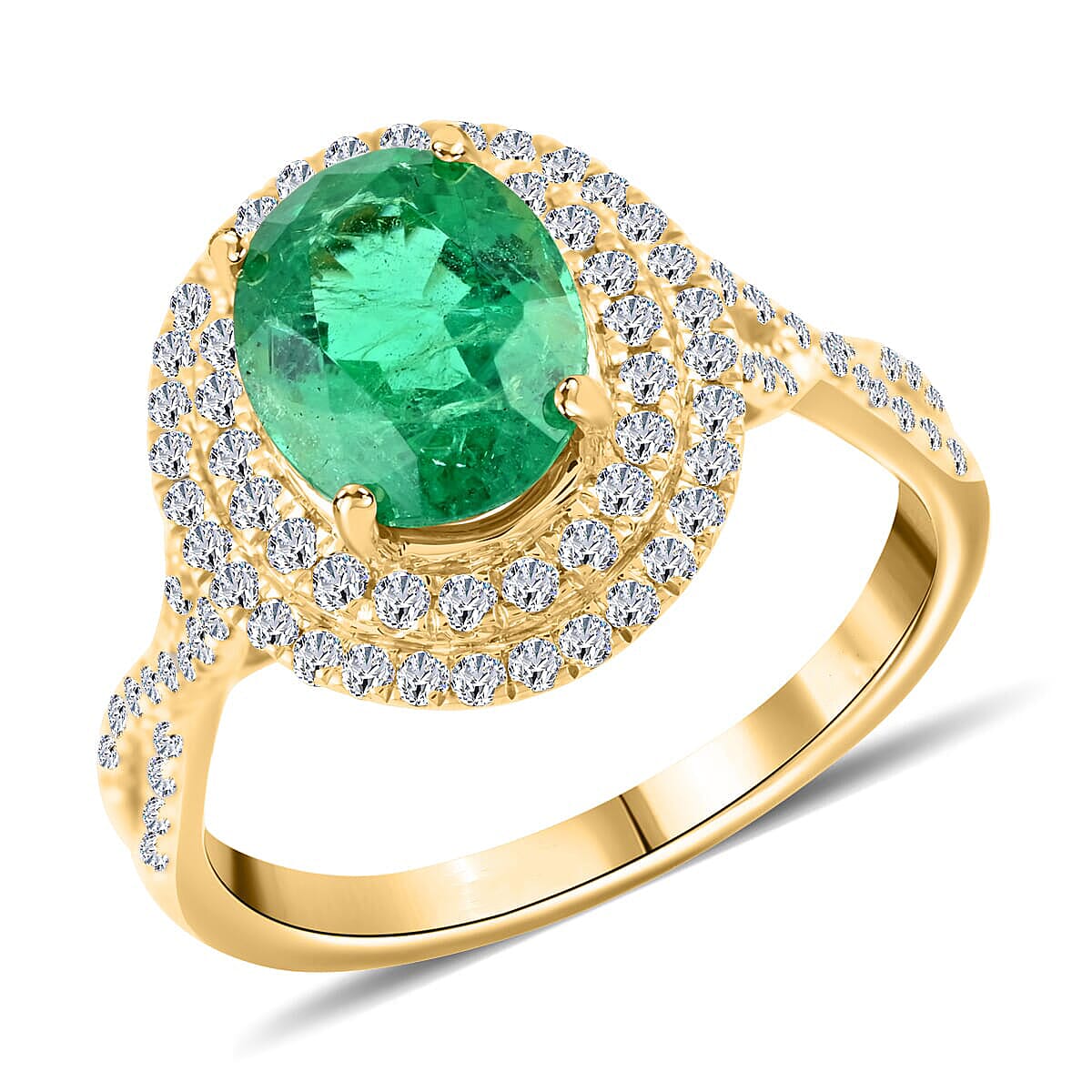 Certified &amp; Appraised LUXORO 14K Yellow Gold AAA Zambian Emerald, White Diamond I2 Double Halo Ring, 2.30 Ct. 8215104 0