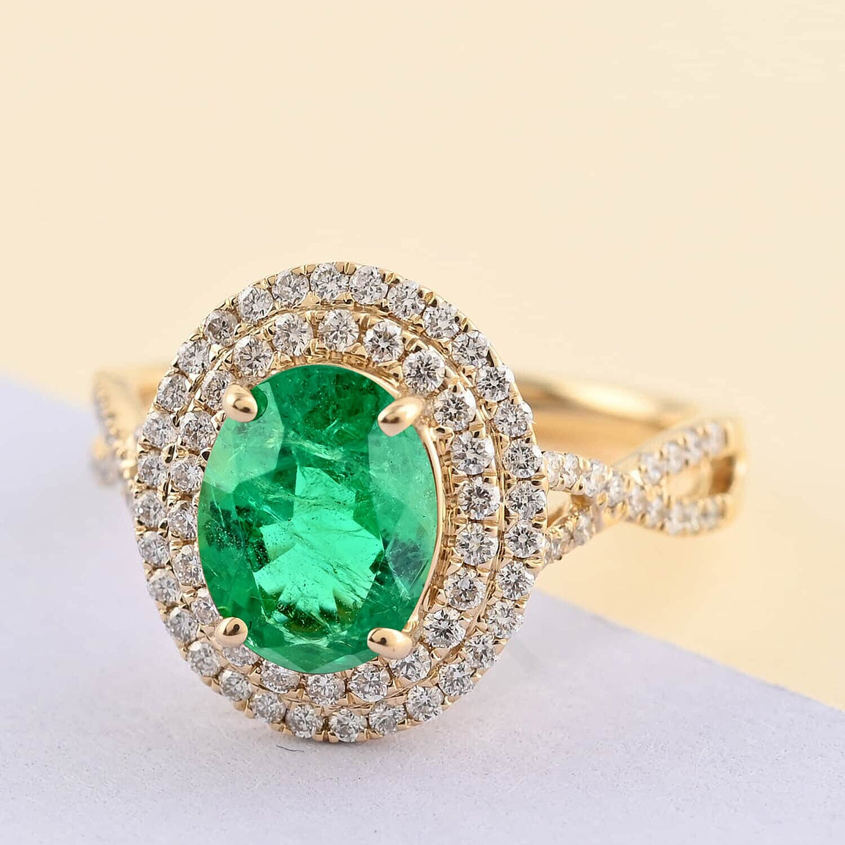 Certified &amp; Appraised LUXORO 14K Yellow Gold AAA Zambian Emerald, White Diamond I2 Double Halo Ring, 2.30 Ct. 8215104 1