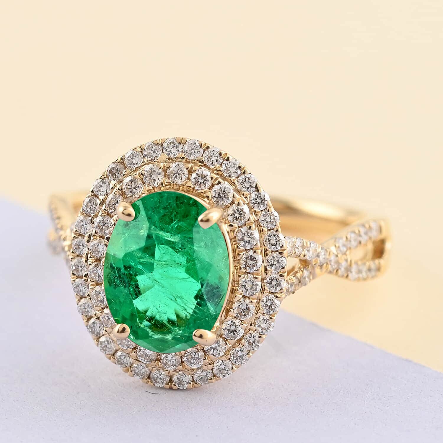 Certified &amp; Appraised LUXORO 14K Yellow Gold AAA Zambian Emerald, White Diamond I2 Double Halo Ring, 2.30 Ct. 8215104 1