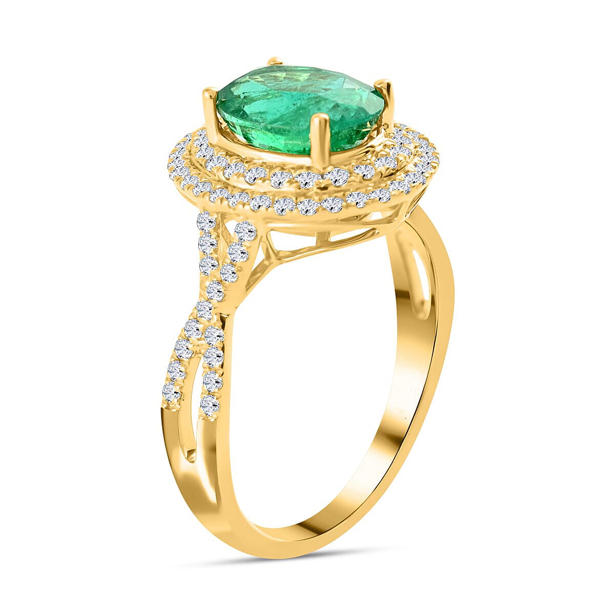 Certified &amp; Appraised LUXORO 14K Yellow Gold AAA Zambian Emerald, White Diamond I2 Double Halo Ring, 2.30 Ct. 8215104 3