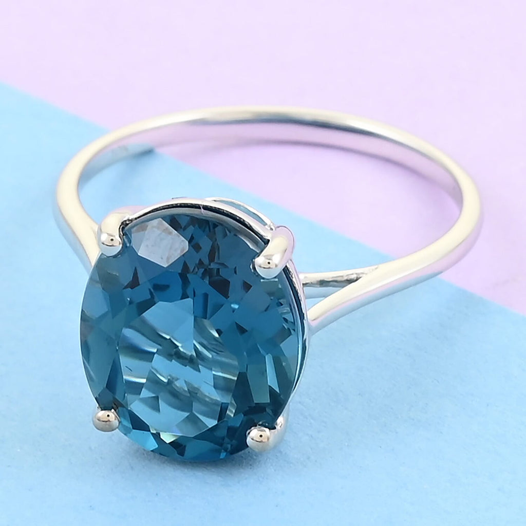 LUXORO Brand 9K White Gold AAA London Blue Topaz Solitaire Ring 5.85 Ct.