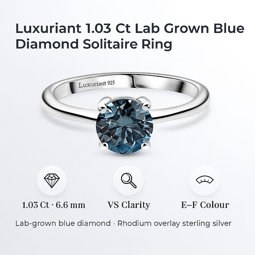 Luxuriant Lab Grown Blue Diamond (VS) Solitaire Ring in Rhodium Overlay Sterling Silver 1.03 Ct.