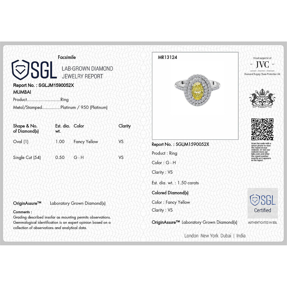 LUXURIANT 1.49 Ct. Lab Grown Yellow Diamond, White Lab Grown Diamond Double Halo Ring in 950 Platinum SGL Certified 8074927 8