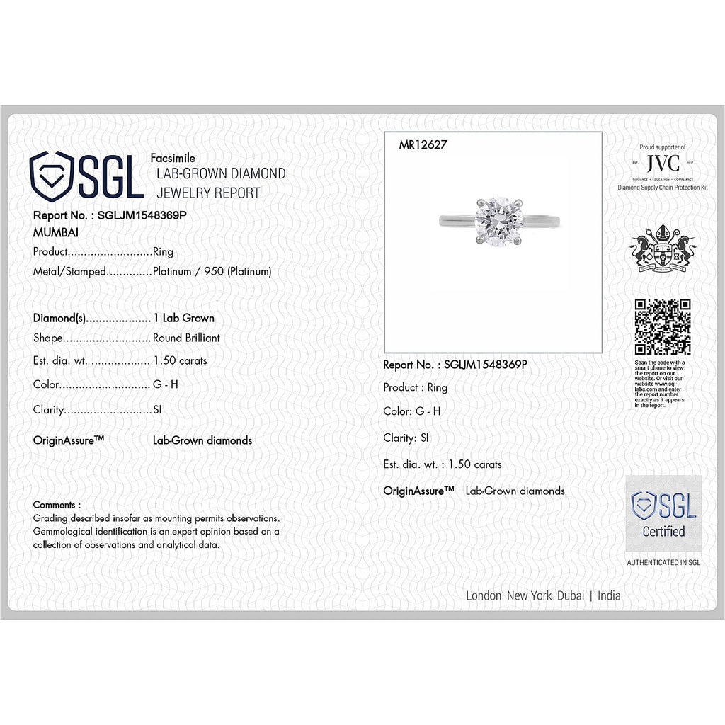 JCK Vegas Closeout Luxuriant Diamond - 950 Platinum SGL Certified Lab Grown Diamond (SI-G-H) Ring 1.50 Ct