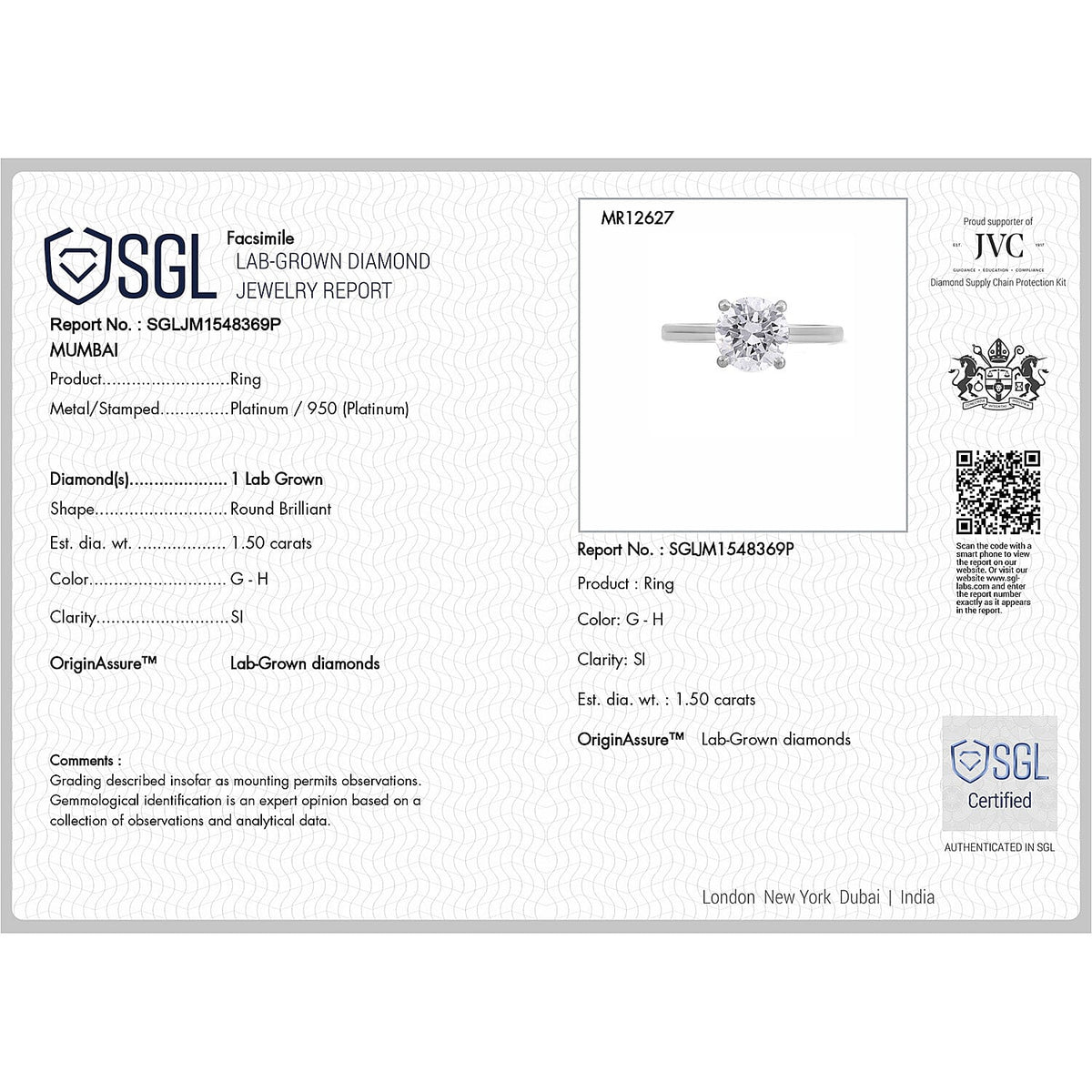 LUXURIANT 1.5 Ct. Lab Grown Diamond Solitaire Ring in 950 Platinum, SGL Certified 7845284 7
