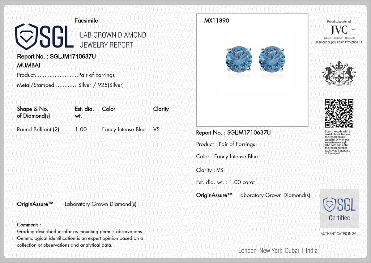LUXURIANT 1 Ct. Lab Grown Blue Diamond Solitaire Earrings in Rhodium Over Sterling Silver, SGL Certified 8256799 1