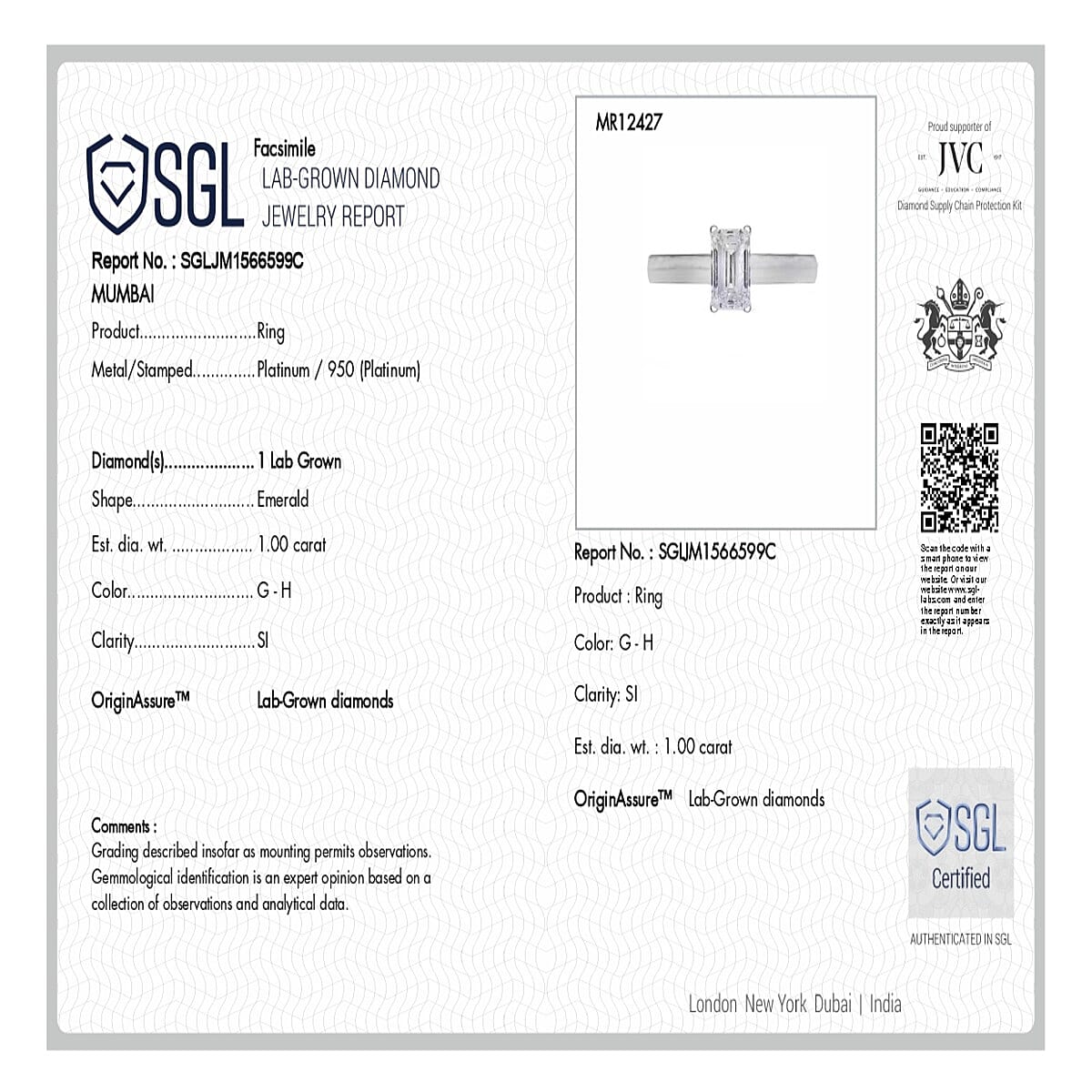 LUXURIANT 1 Ct. Lab Grown Diamond Emerald-Cut Solitaire Ring in 950 Platinum SGL Certified 8066985 7