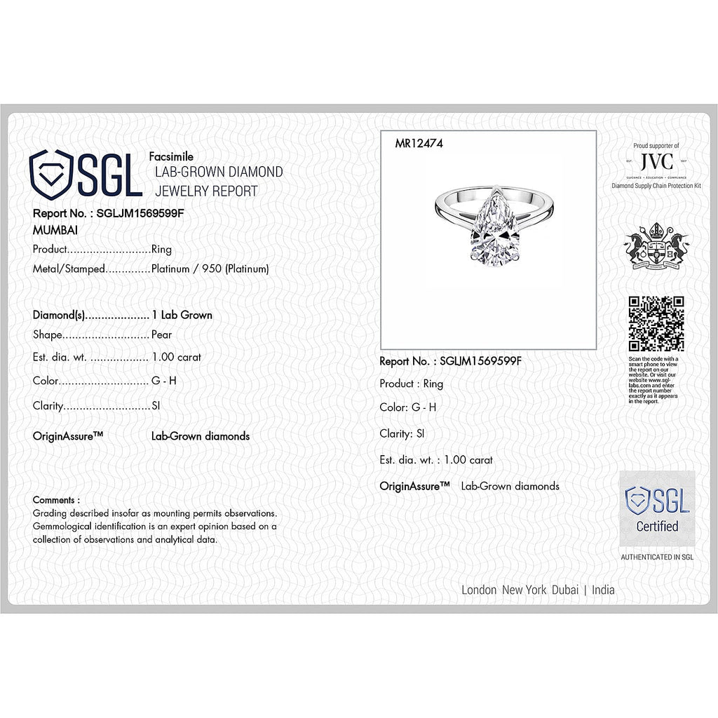Luxuriant 950 Platinum SI Lab Grown Diamond GH, SI Ring, Platinum Wt.3.64 Gms  1.040  Ct.