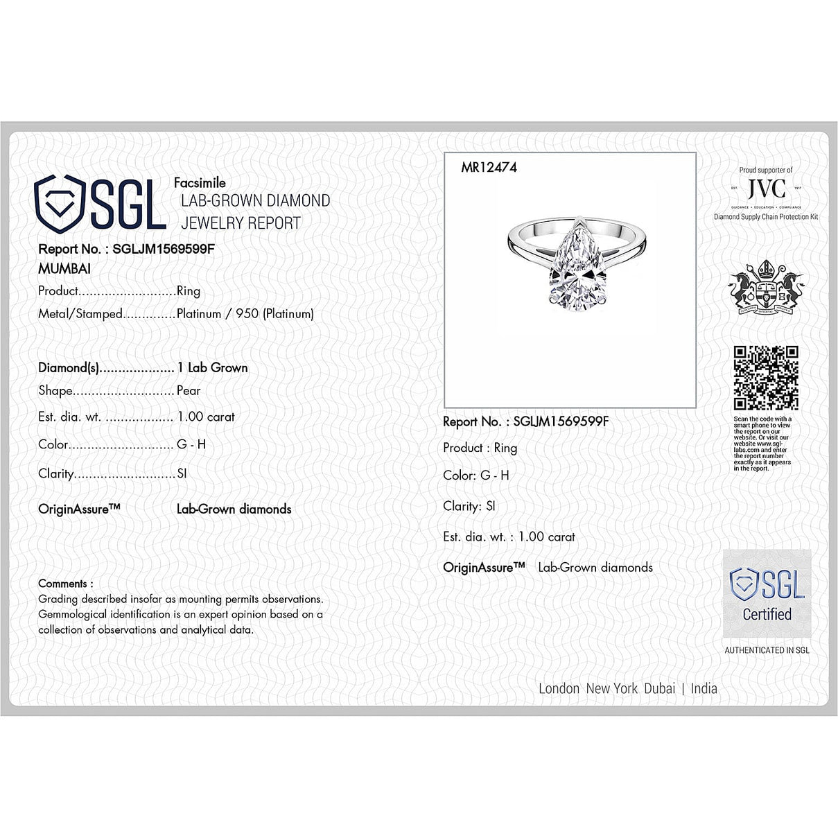 LUXURIANT 1 Ct. Lab Grown Diamond Pear-Cut Solitaire Ring in 950 Platinum SGL Certified 8287984 7