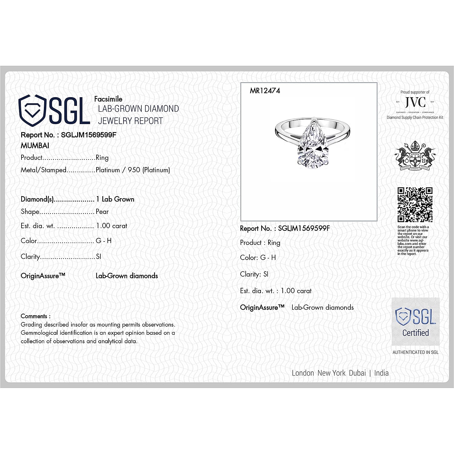 LUXURIANT 1 Ct. Lab Grown Diamond Pear-Cut Solitaire Ring in 950 Platinum SGL Certified 8287984 7