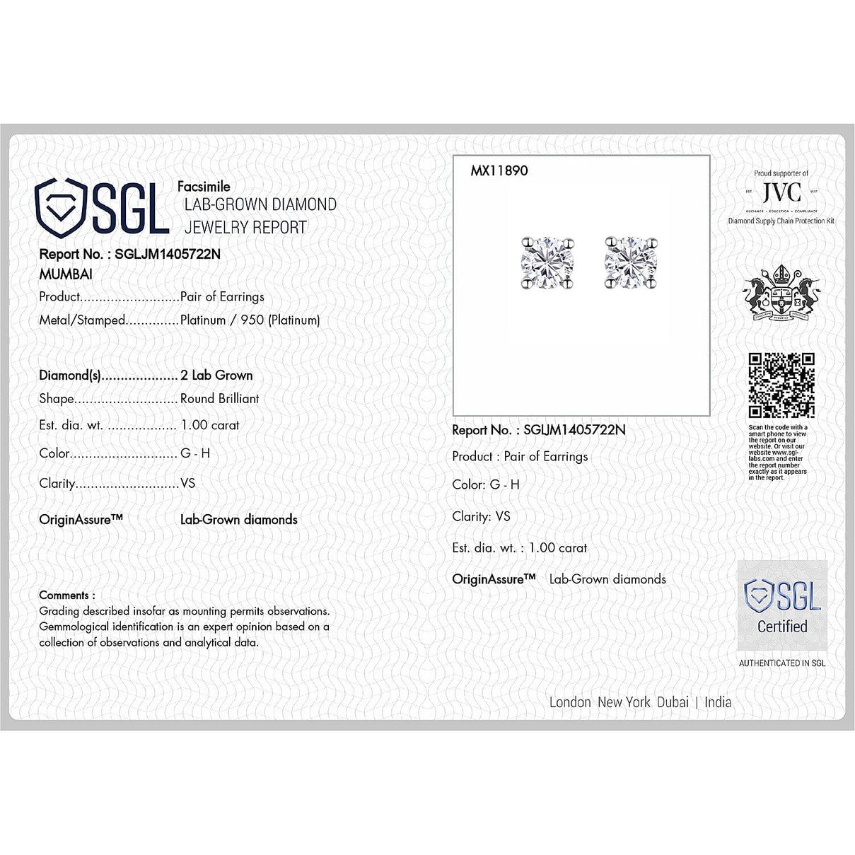 LUXURIANT 1 Ct. Lab Grown Diamond Solitaire Earrings in 950 Platinum, SGL Certified 7860249 7