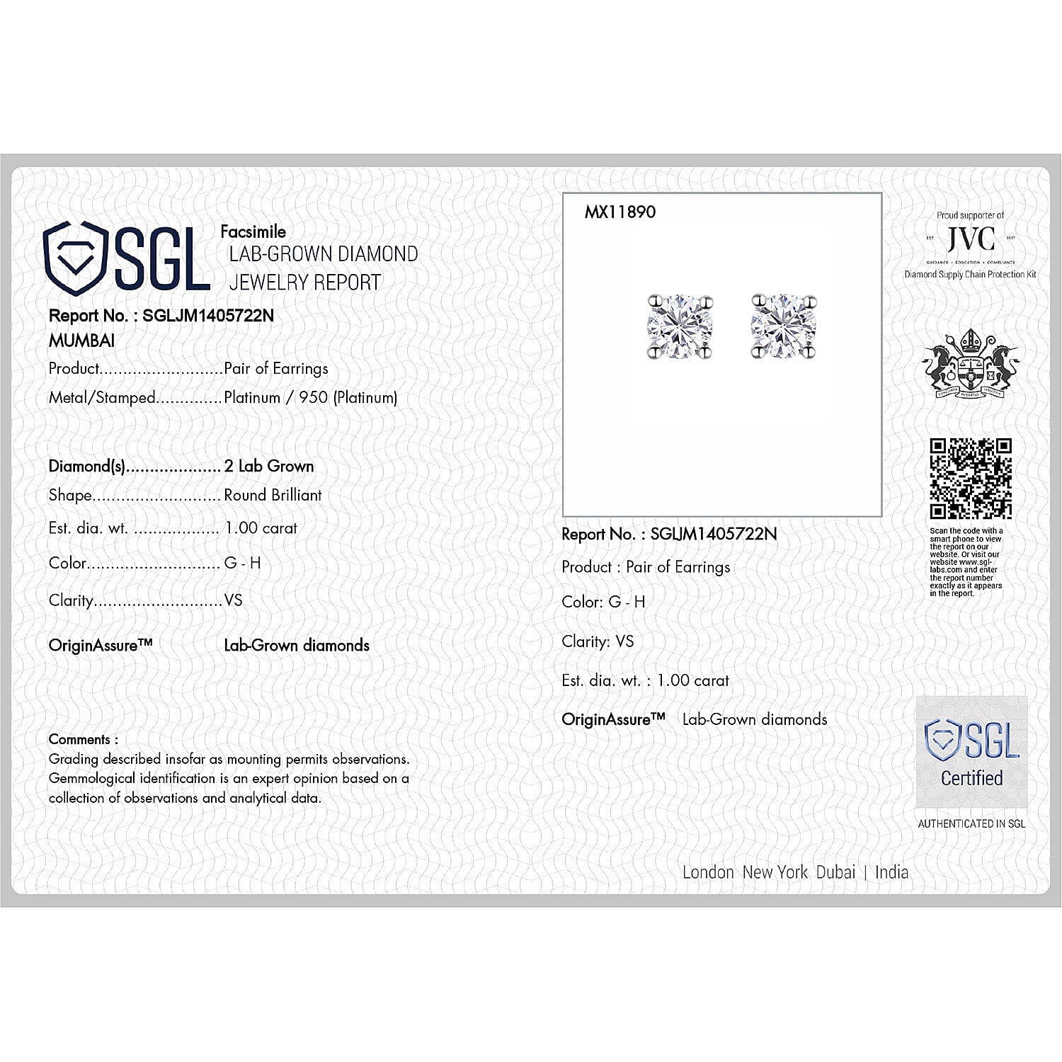 LUXURIANT 1 Ct. Lab Grown Diamond Solitaire Earrings in 950 Platinum, SGL Certified 7860249 7